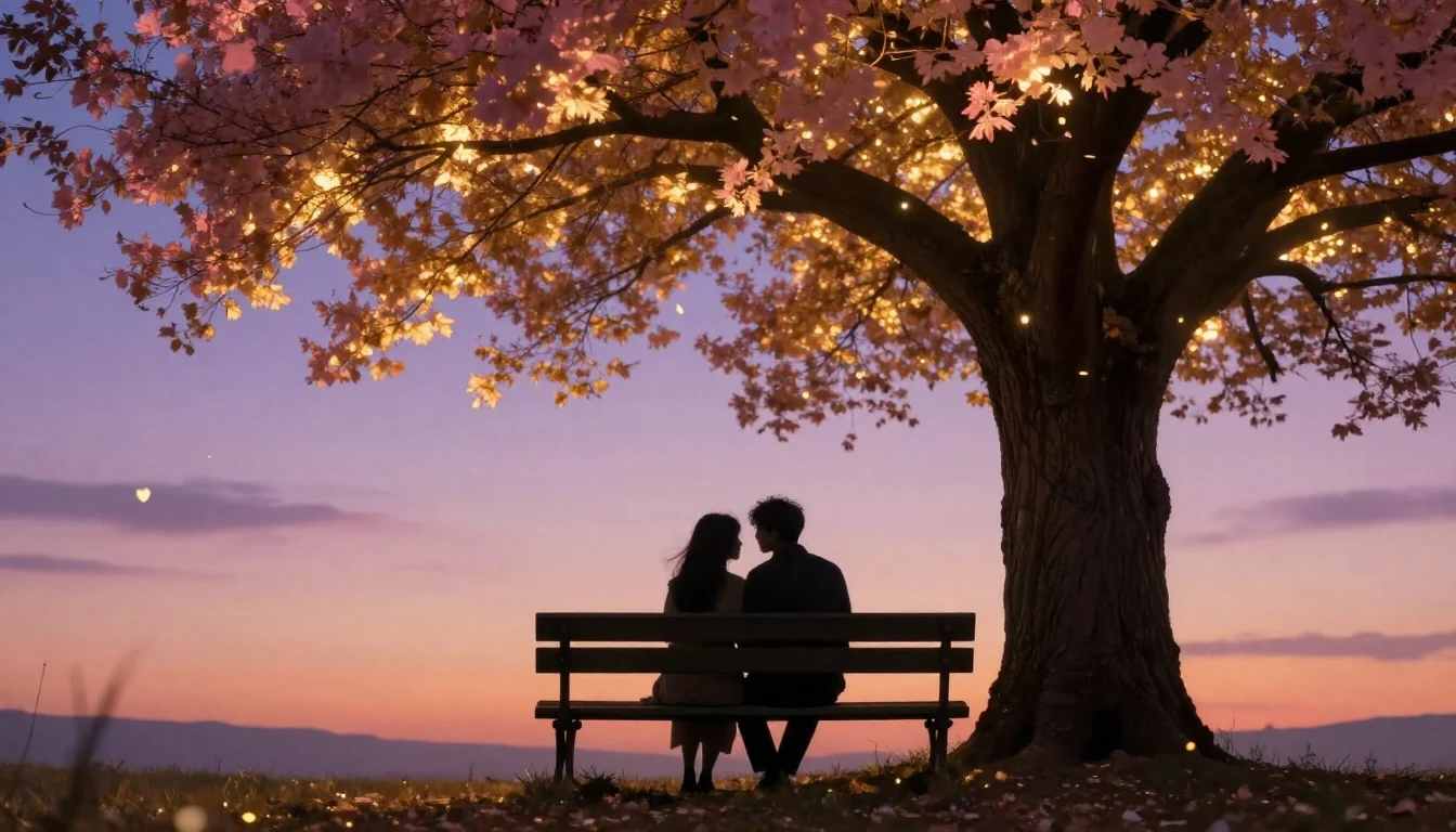 A romantic scene featuring two silhouettes sitting close tog...