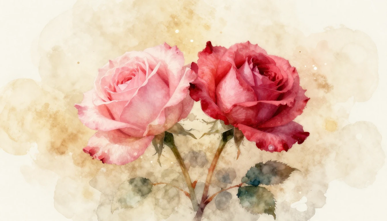 A delicate watercolor painting of two intertwined rose stems...
