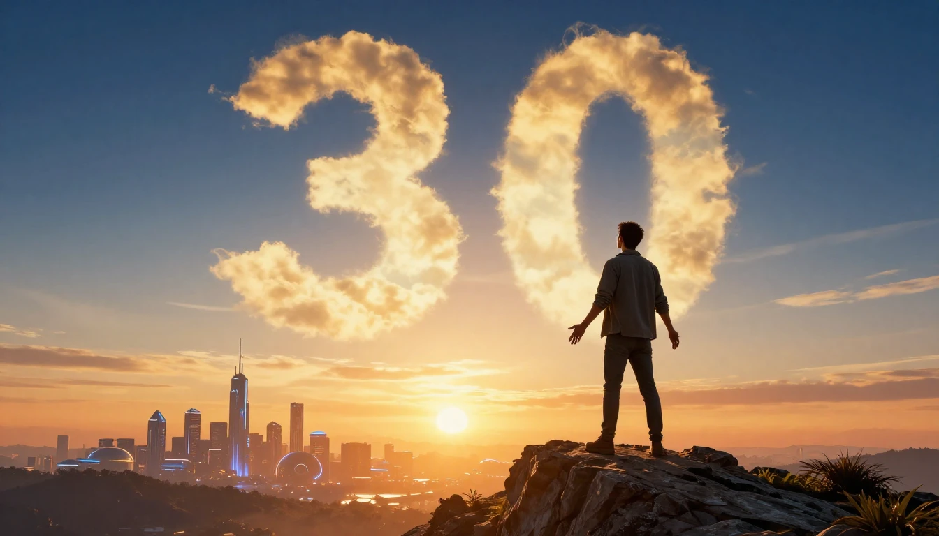 A conceptual illustration of a man standing on a mountain pe...