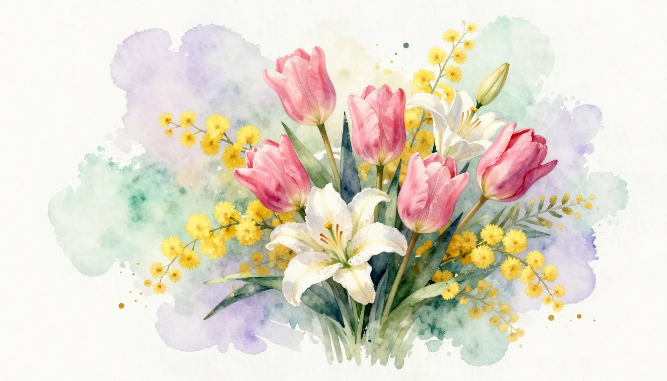 A delicate watercolor painting of a lush bouquet featuring p...