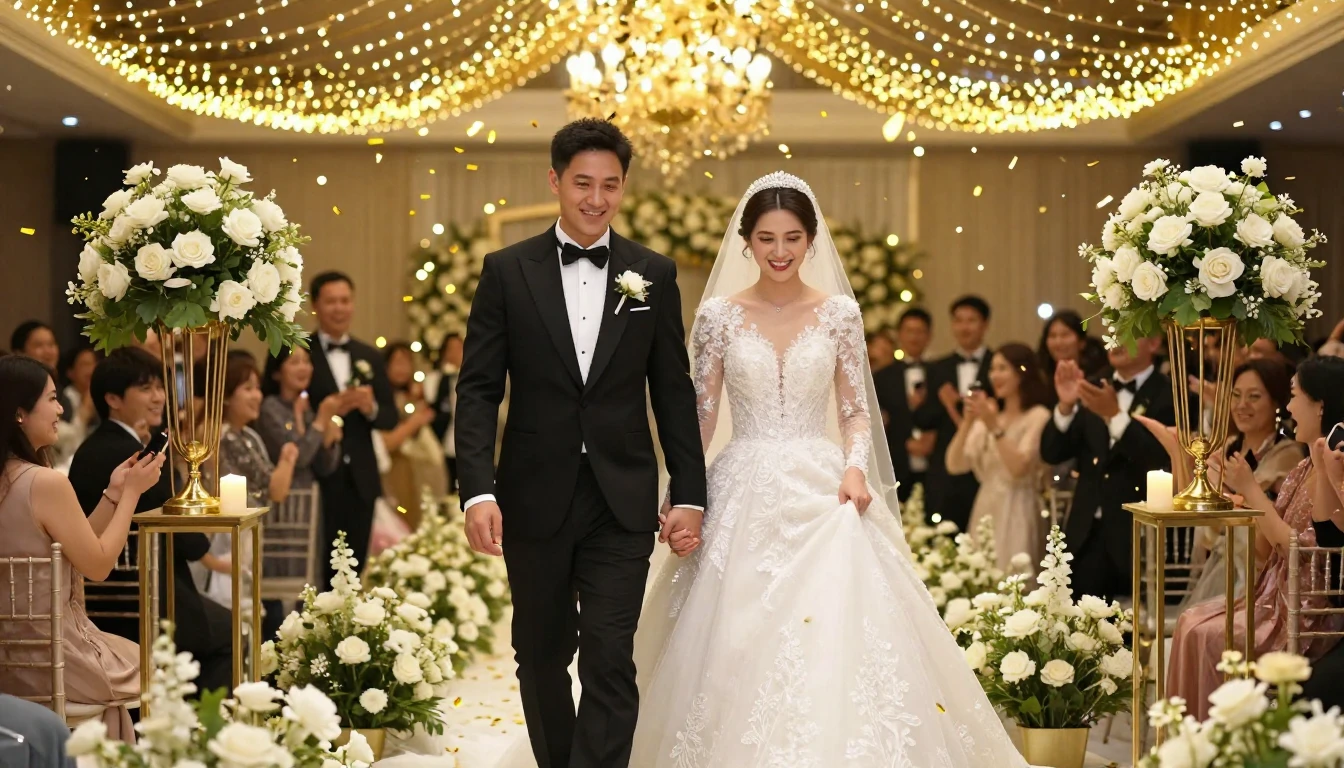 A cinematic wide shot of a lavish wedding celebration, a bri...