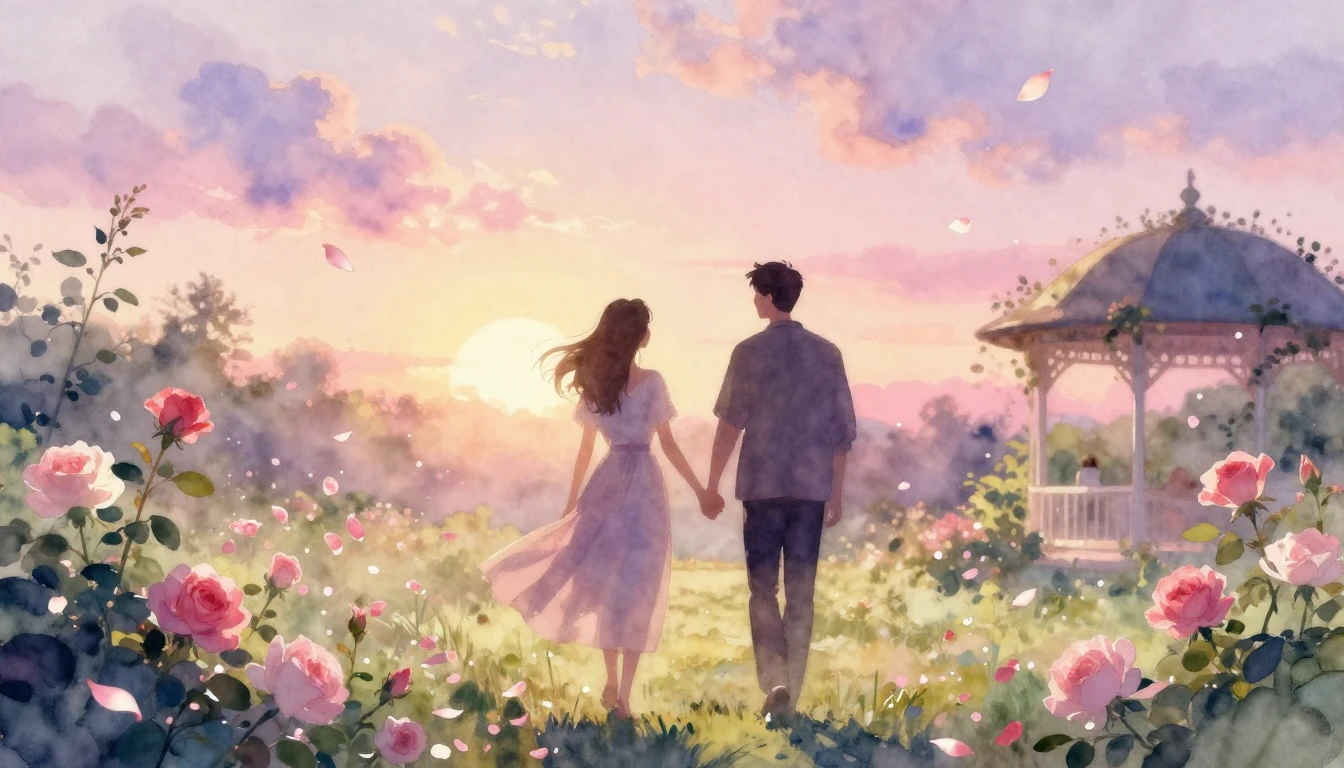 A beautiful watercolor painting of two silhouettes walking h...