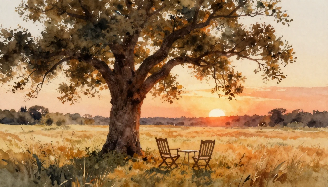 A beautiful watercolor painting depicting a serene outdoor s...