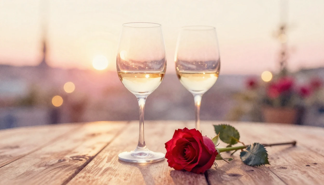 A delicate watercolor painting of two elegant wine glasses s...