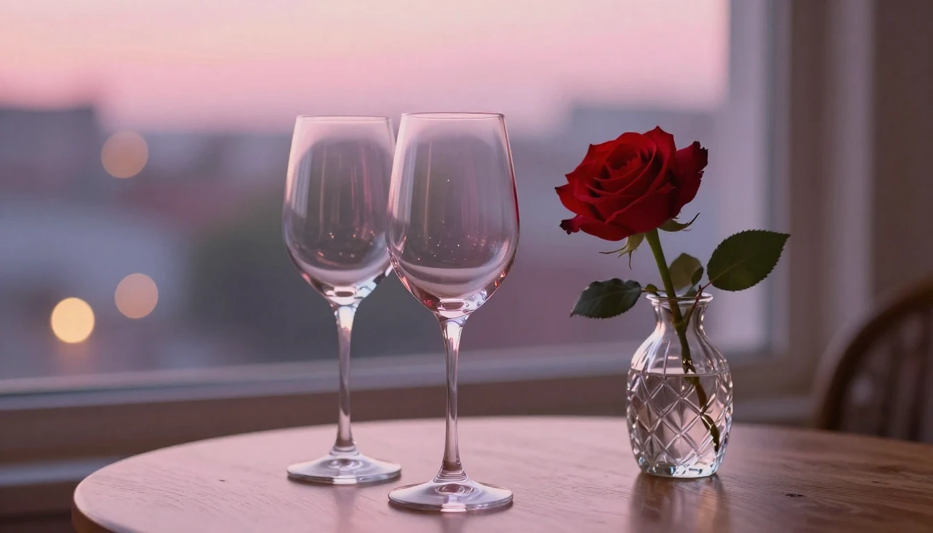 A delicate scene featuring two elegant wine glasses sitting ...