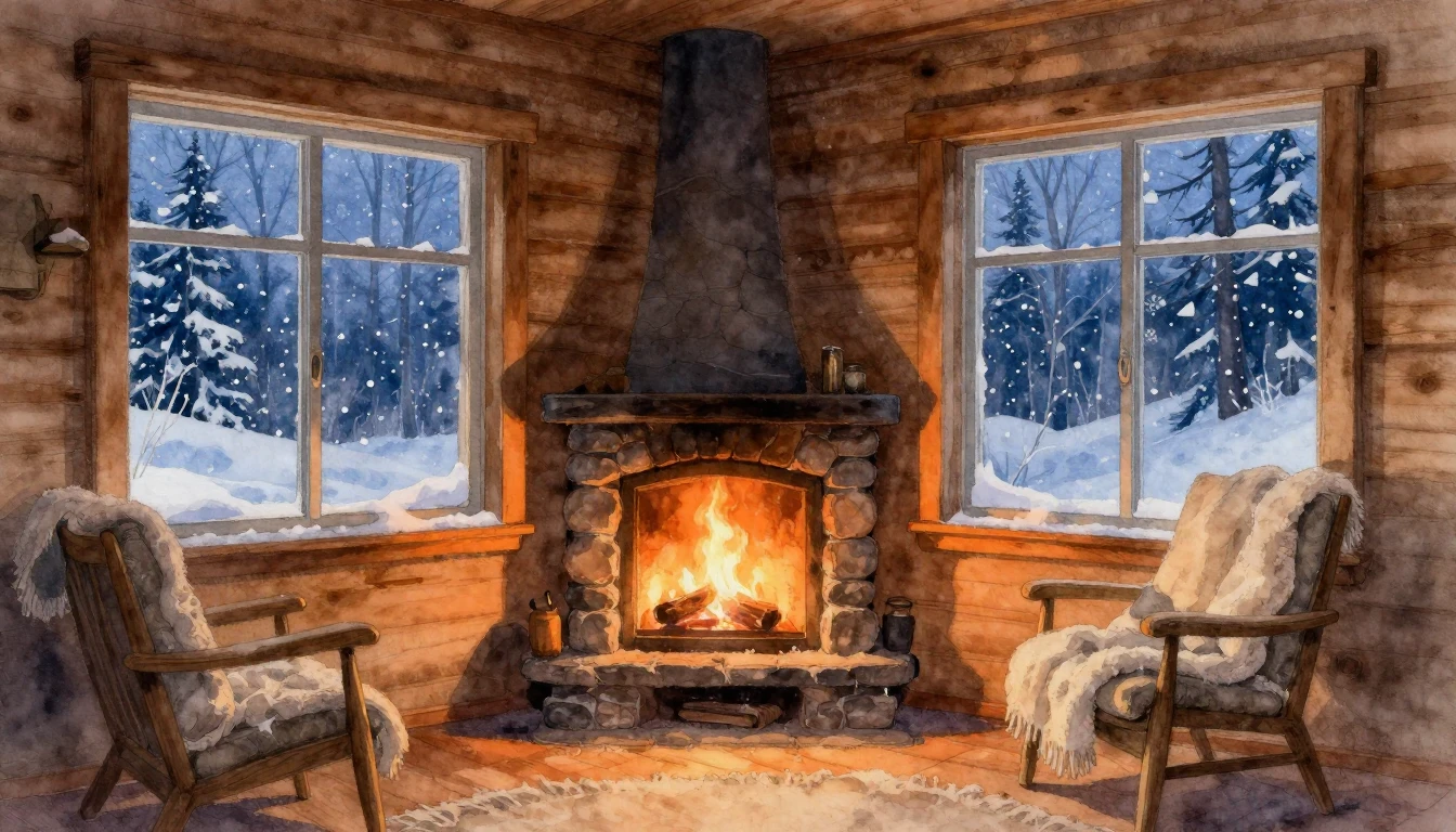 A cozy wooden cabin interior during a snowy winter evening. ...