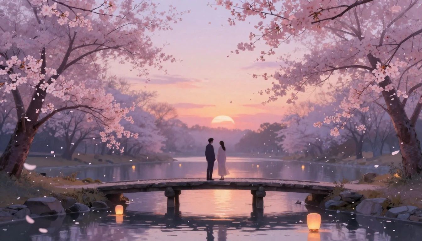 A dreamlike and ethereal scene featuring two silhouettes of ...