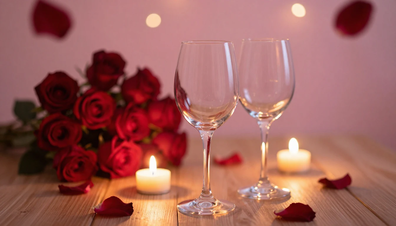 A delicate and romantic scene featuring two elegant wine gla...