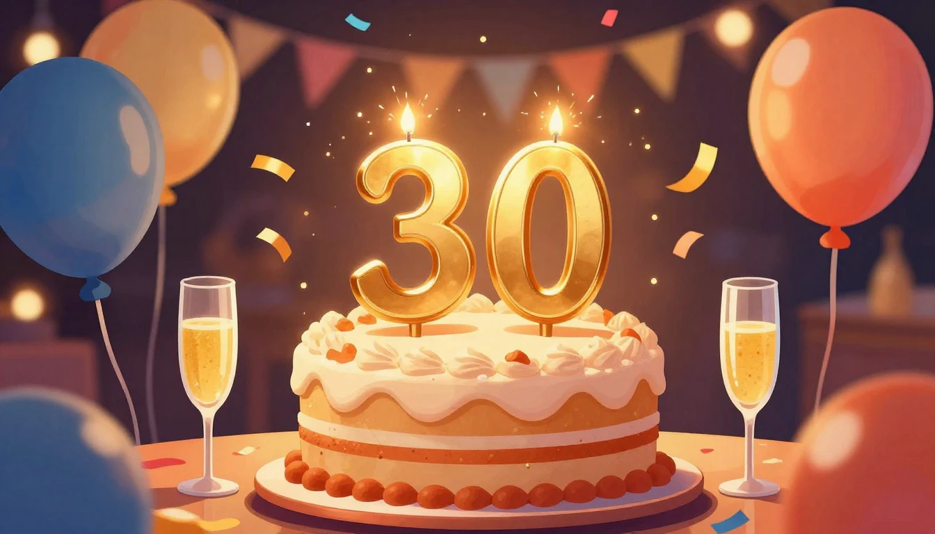 A vibrant and festive illustration of a 30th birthday celebr...