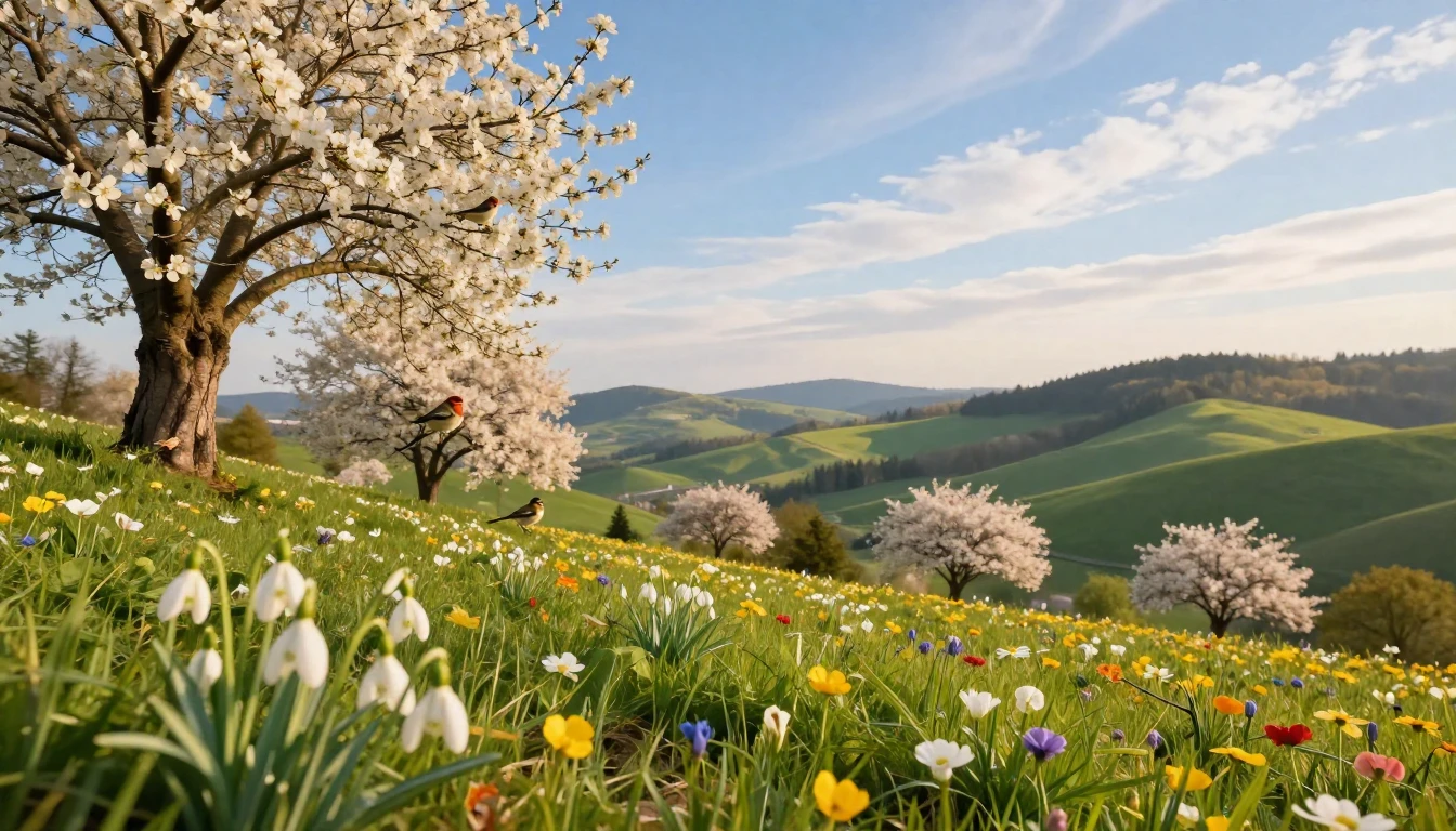 A breathtaking spring landscape in a lush Romanian valley. D...