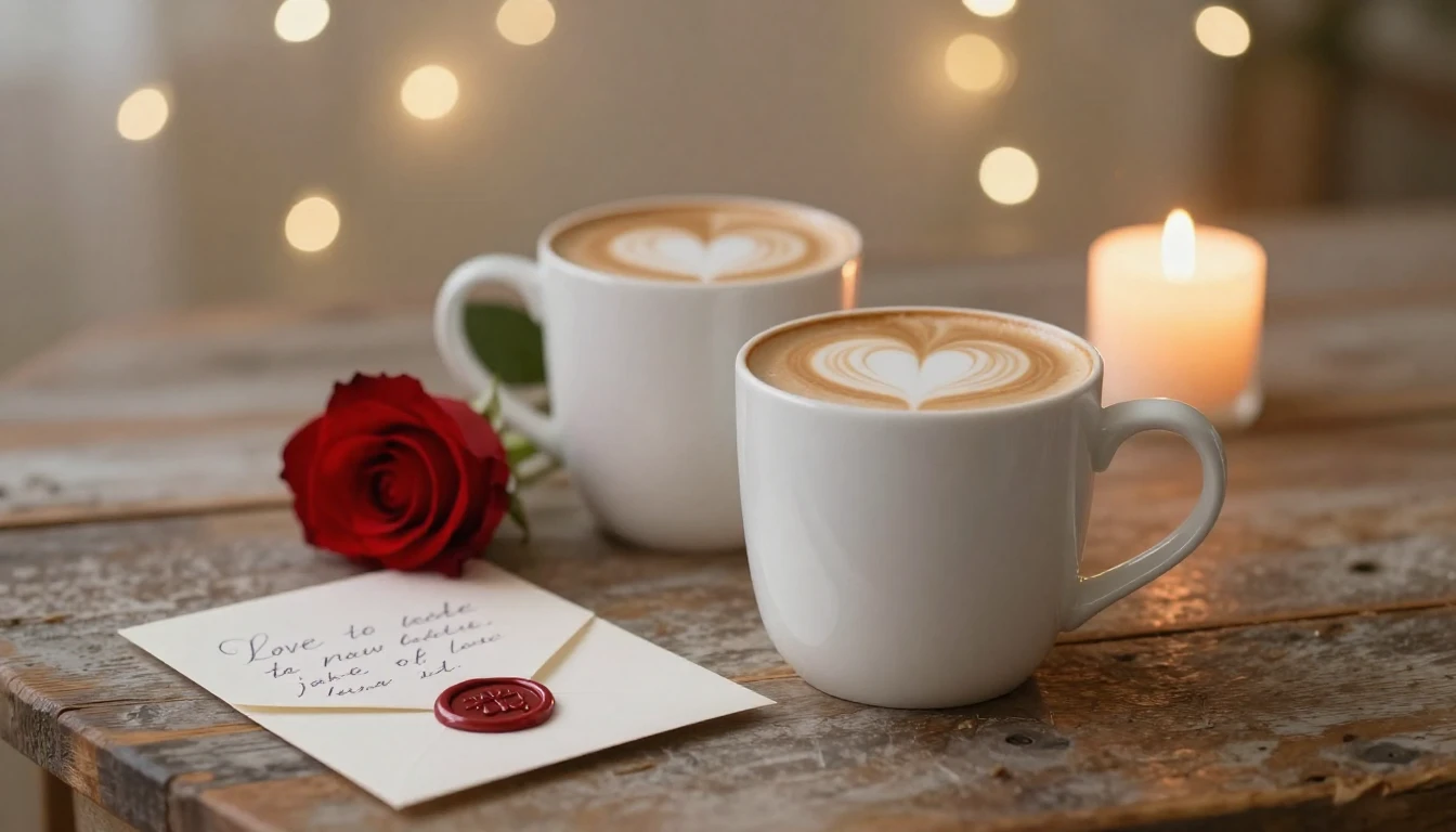 A romantic and cozy composition featuring two white ceramic ...