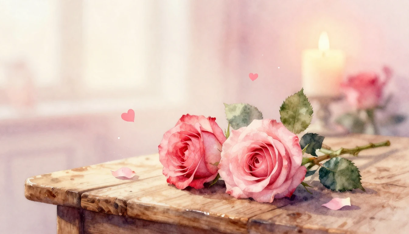 A soft watercolor painting of two delicate pink and red rose...