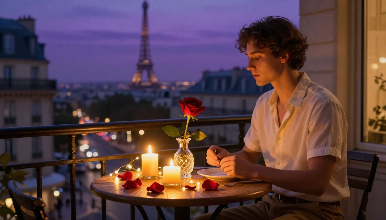 A breathtakingly romantic scene featuring a small wooden tab...