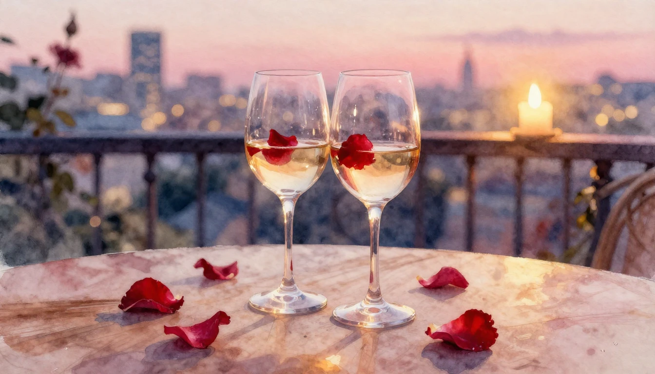 A delicate watercolor painting of two intertwined wine glass...