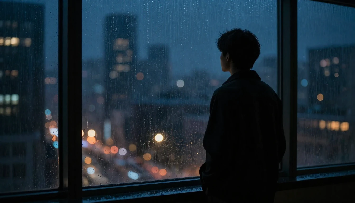 A cinematic shot of a lonely silhouette standing by a large ...