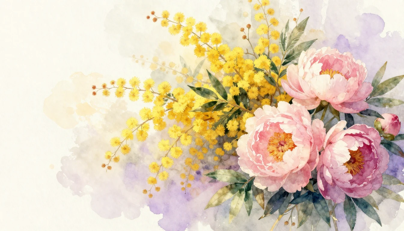 A delicate watercolor painting of blooming yellow mimosa flo...