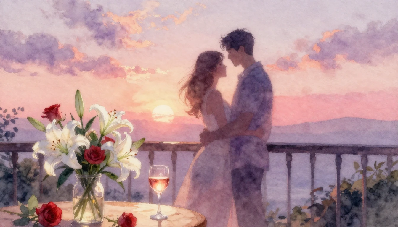 A delicate watercolor painting of two intertwined silhouette...