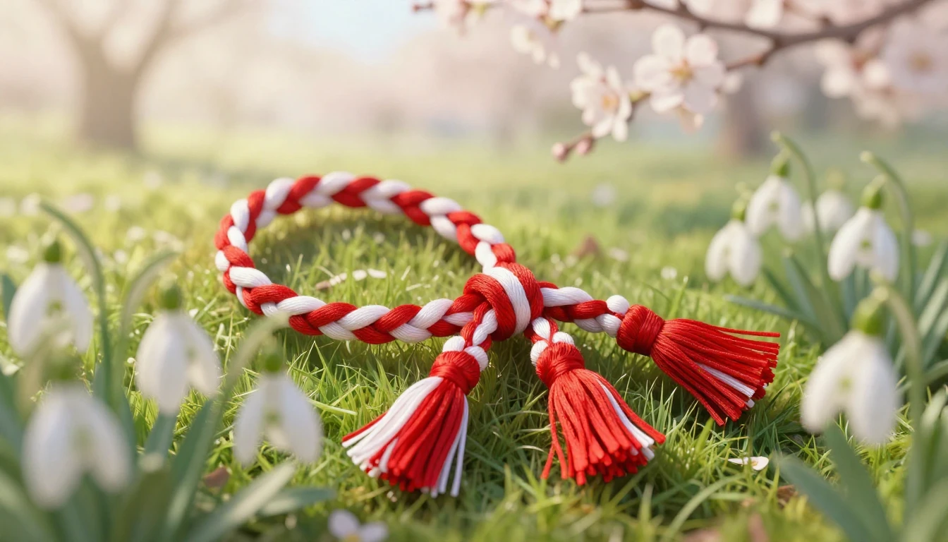 A delicate and vibrant scene featuring a traditional Mărțișo...