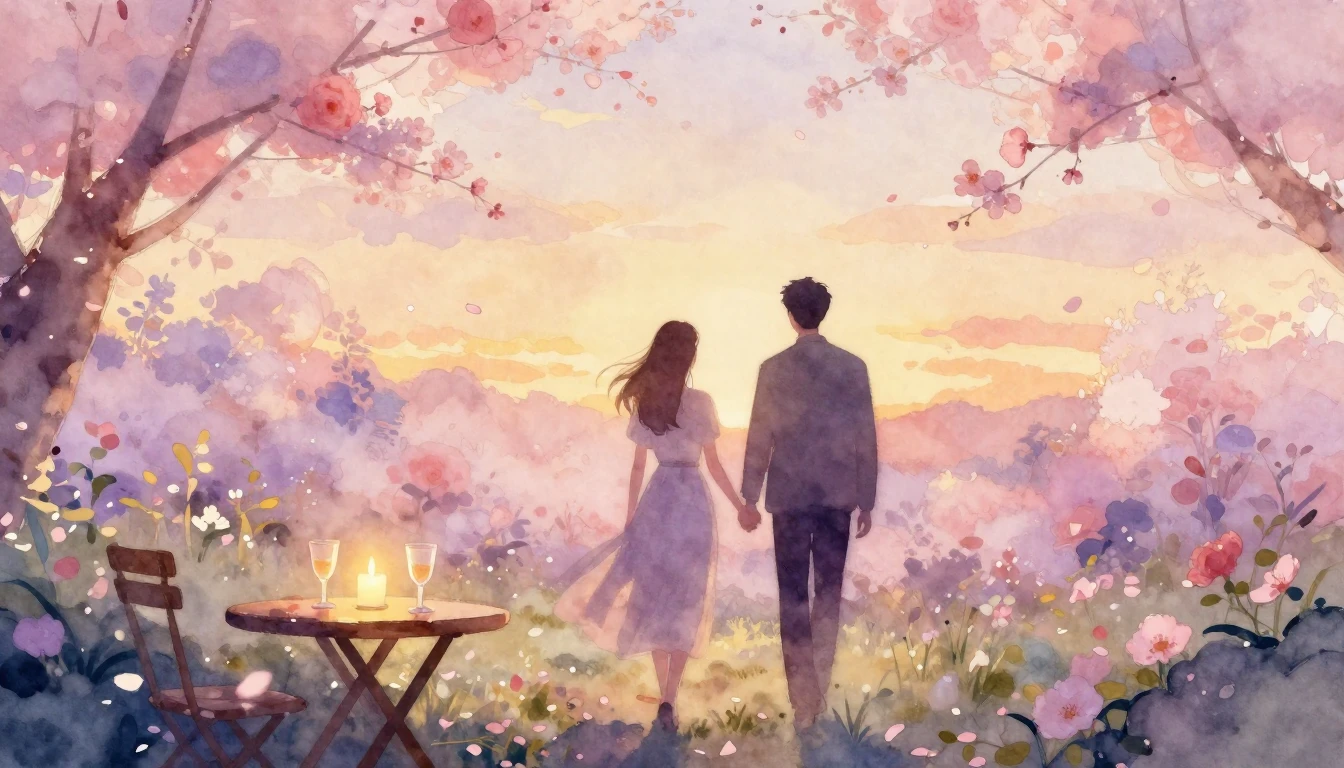 A dreamy watercolor painting of two silhouettes walking hand...