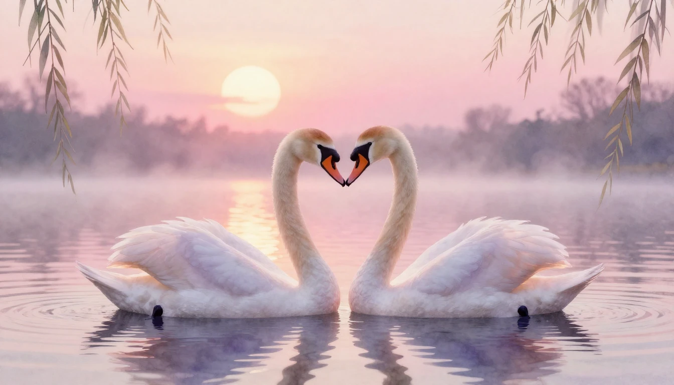 A soft watercolor painting of two elegant swans forming a he...