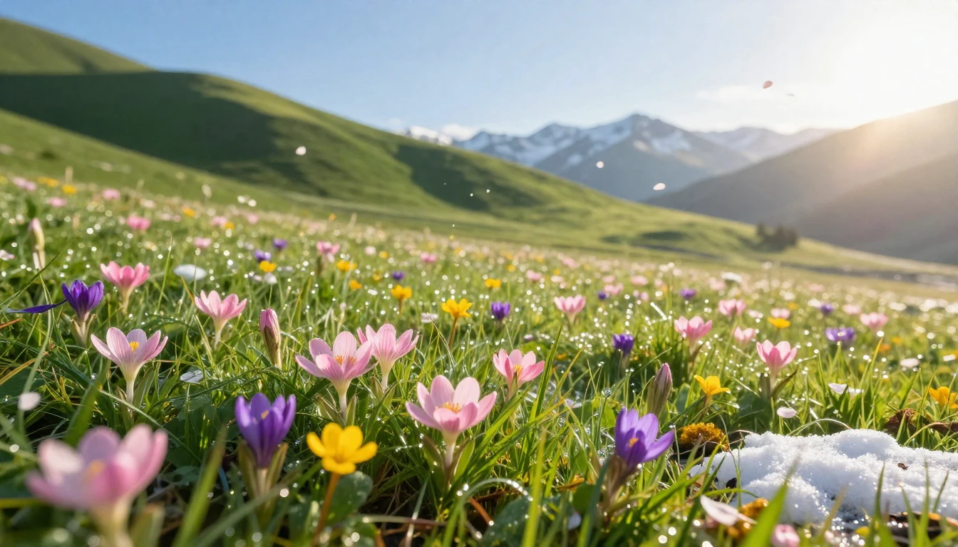 A breathtaking wide shot of a sun-drenched alpine meadow at ...