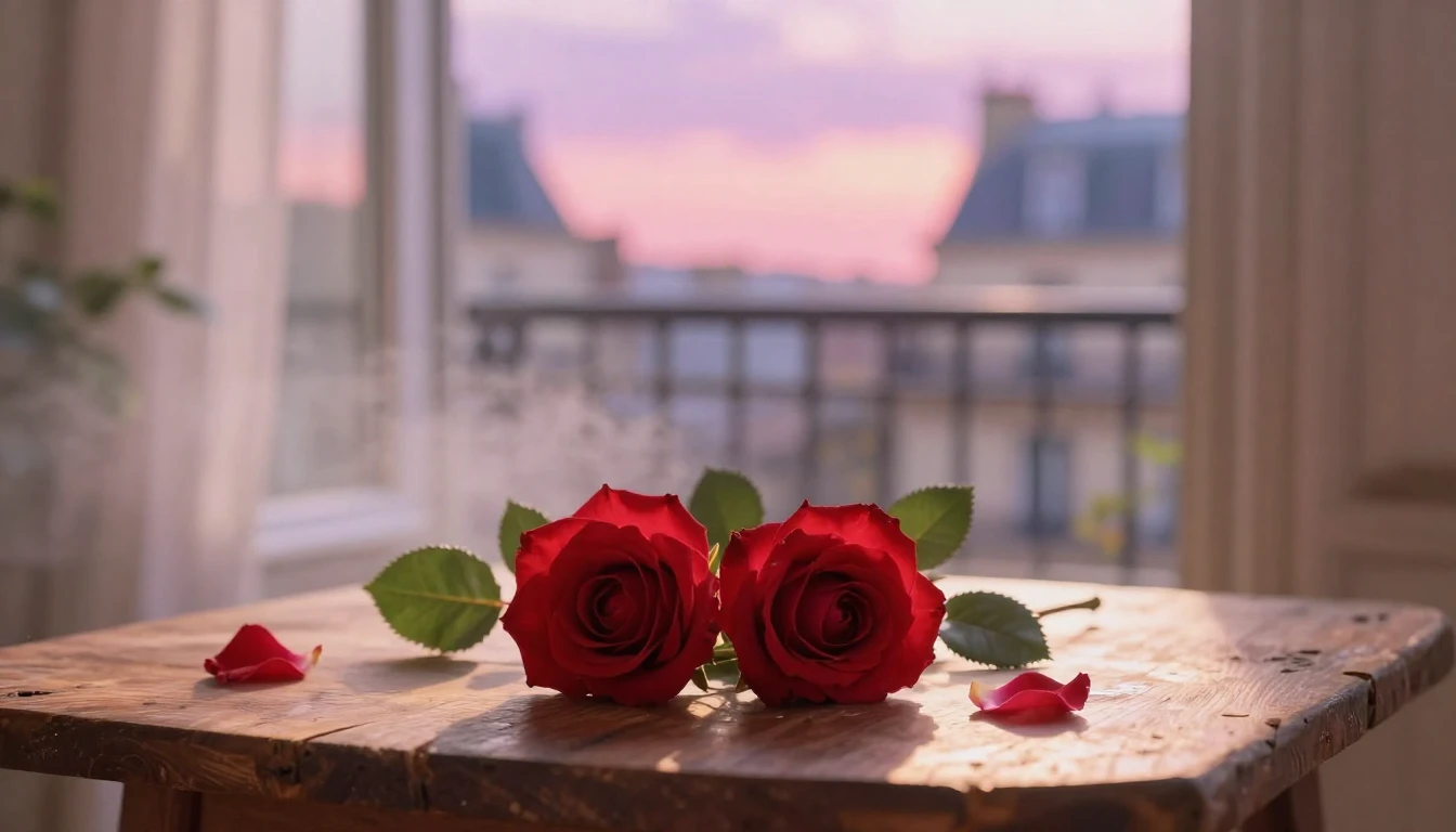 A dreamy and ethereal scene of two delicate red roses intert...