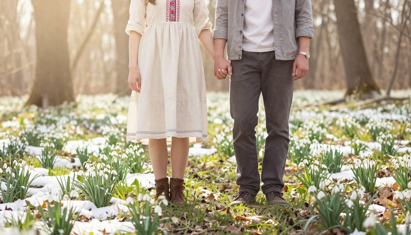 A romantic and ethereal scene depicting a young couple stand...