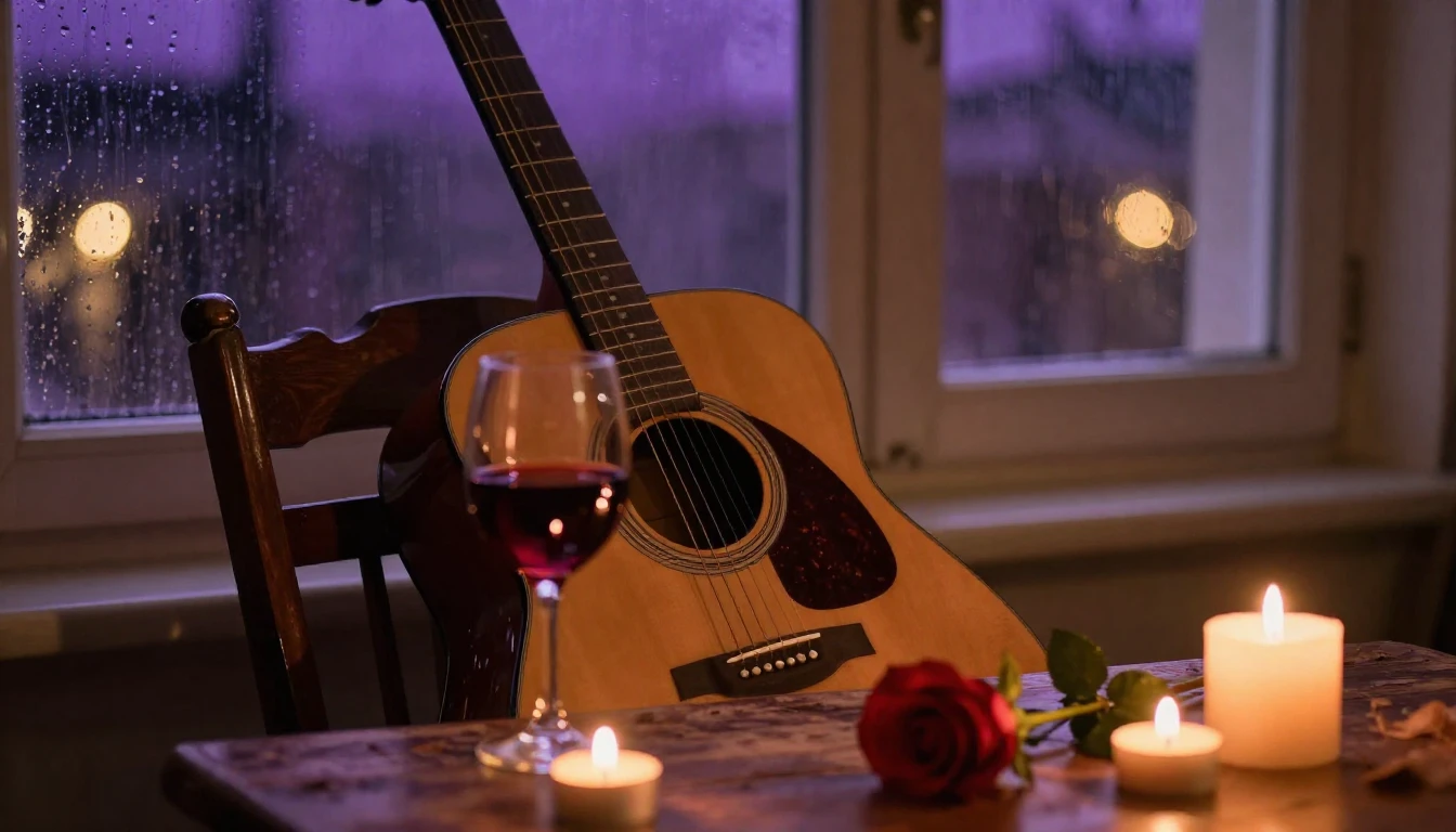A warm and intimate close-up scene of an acoustic guitar res...