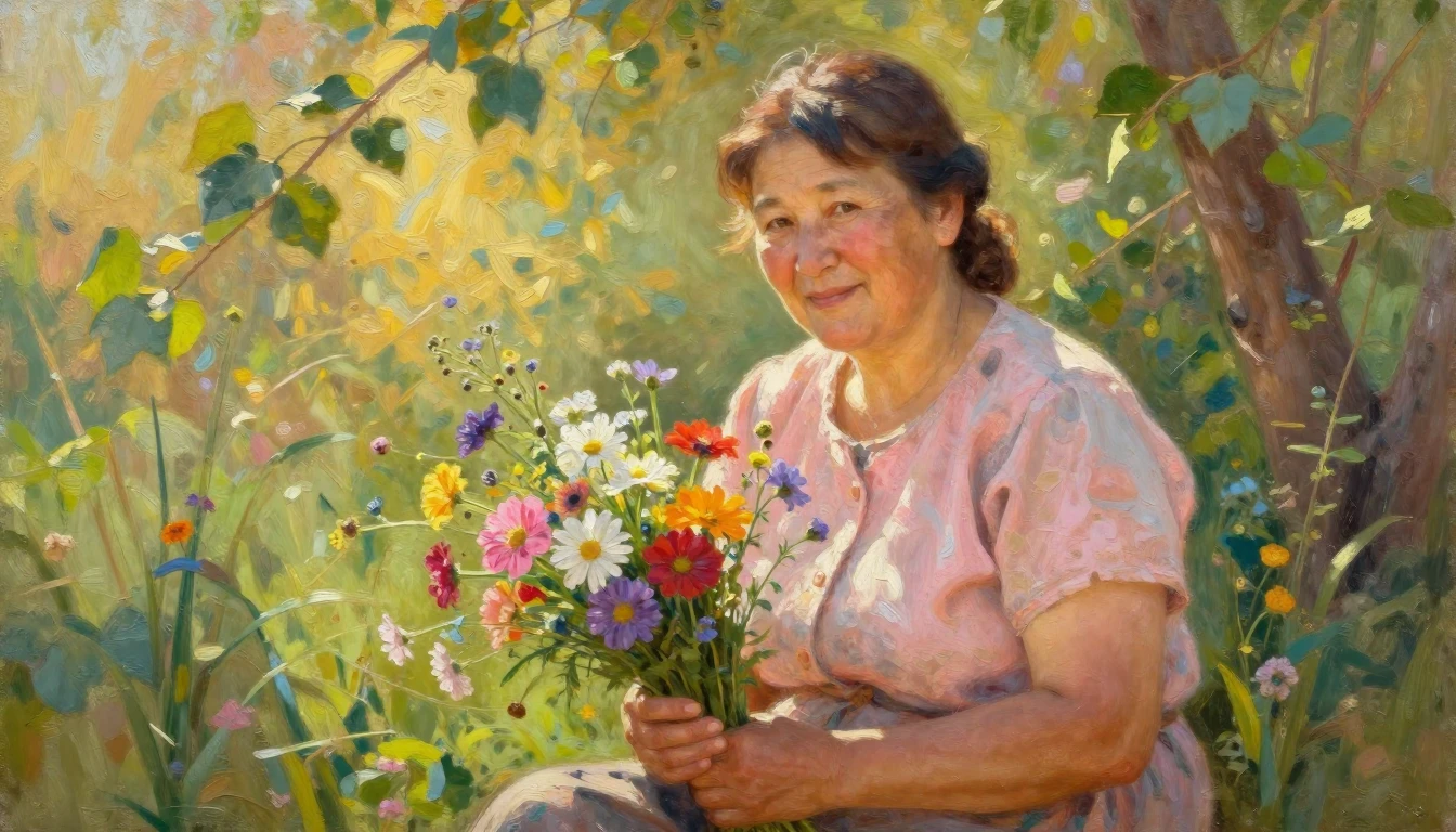 A heartwarming oil painting of a kind, middle-aged Kazakh mo...