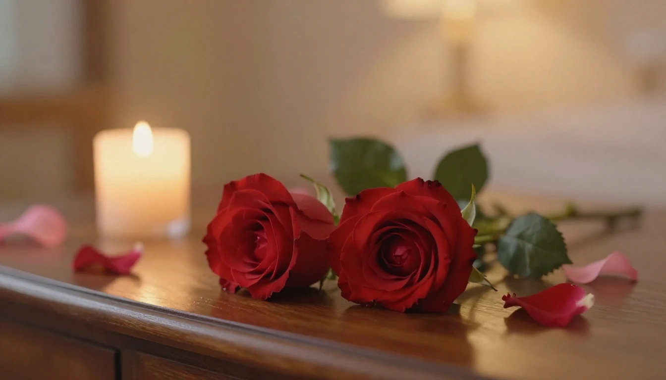 A delicate and ethereal scene featuring two intertwined red ...