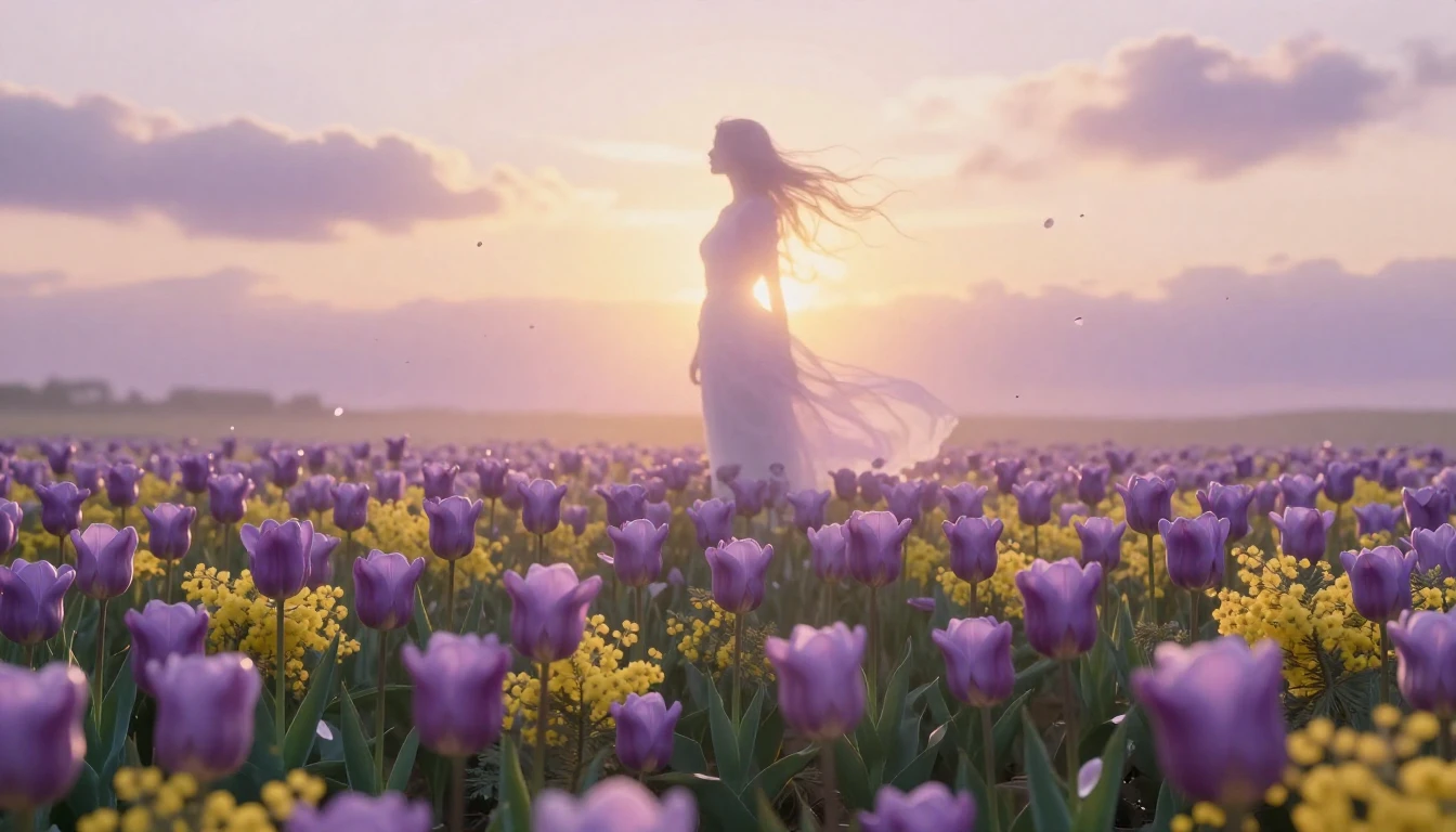 A breathtaking landscape featuring a field of delicate purpl...