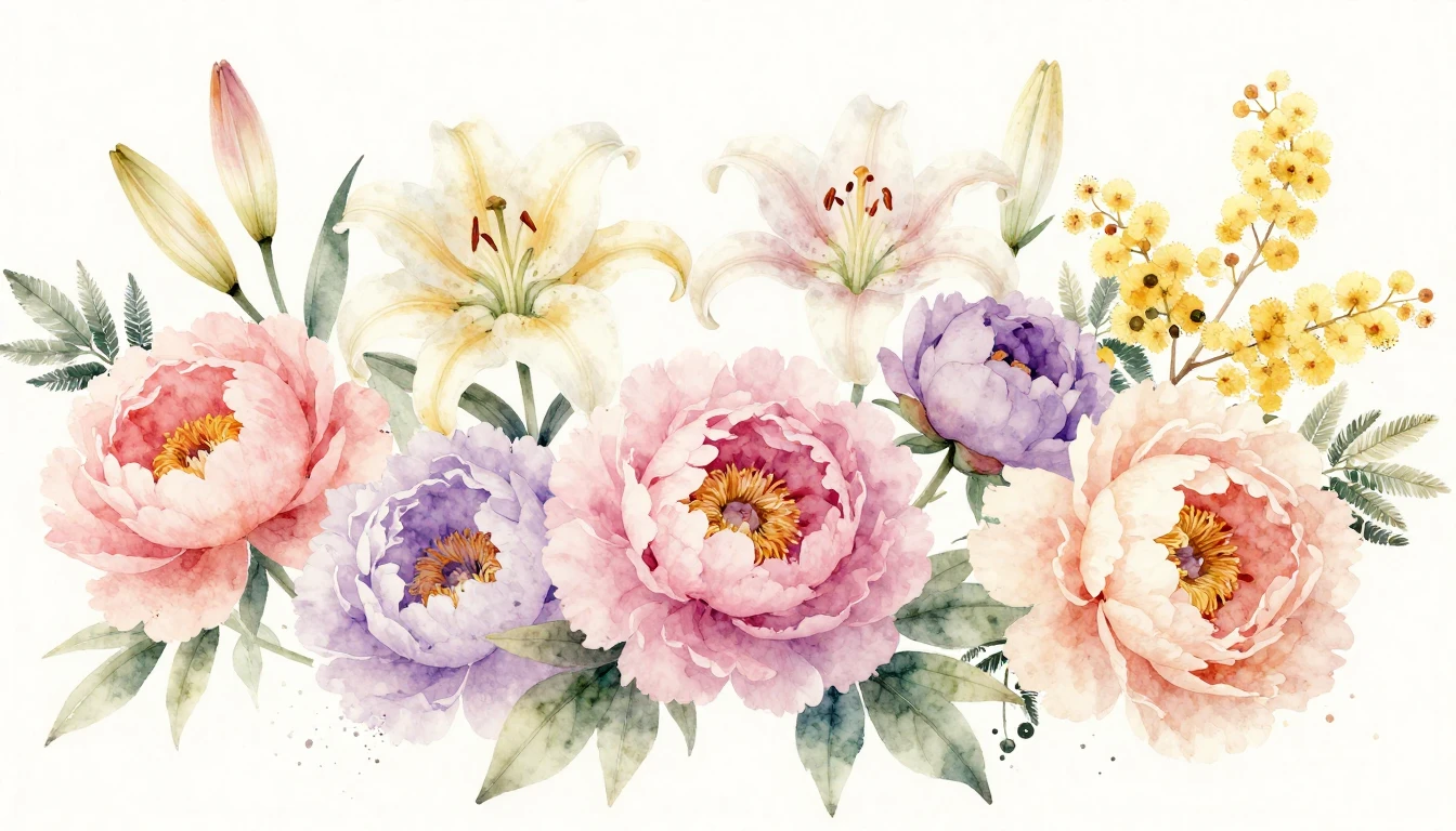 A beautiful watercolor painting featuring a variety of bloom...