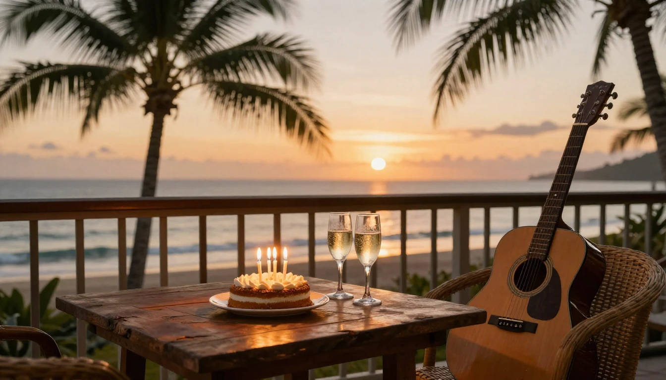 A warm and inviting birthday scene set on a balcony overlook...