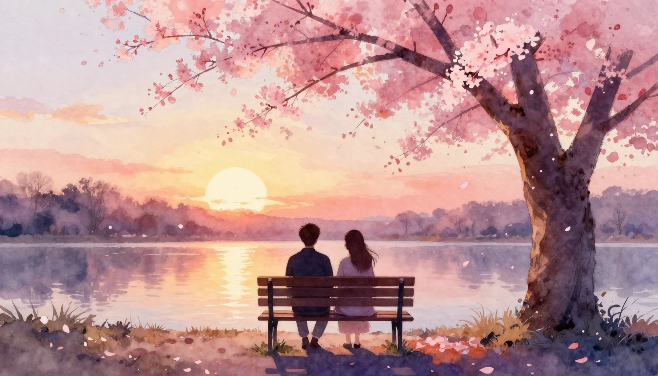 A soft watercolor painting of two silhouettes sitting togeth...