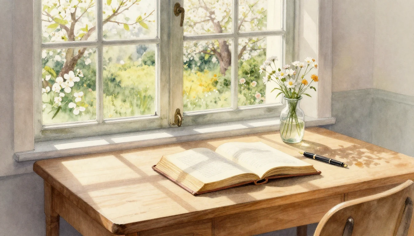 A delicate watercolor painting depicting a wooden desk by a ...