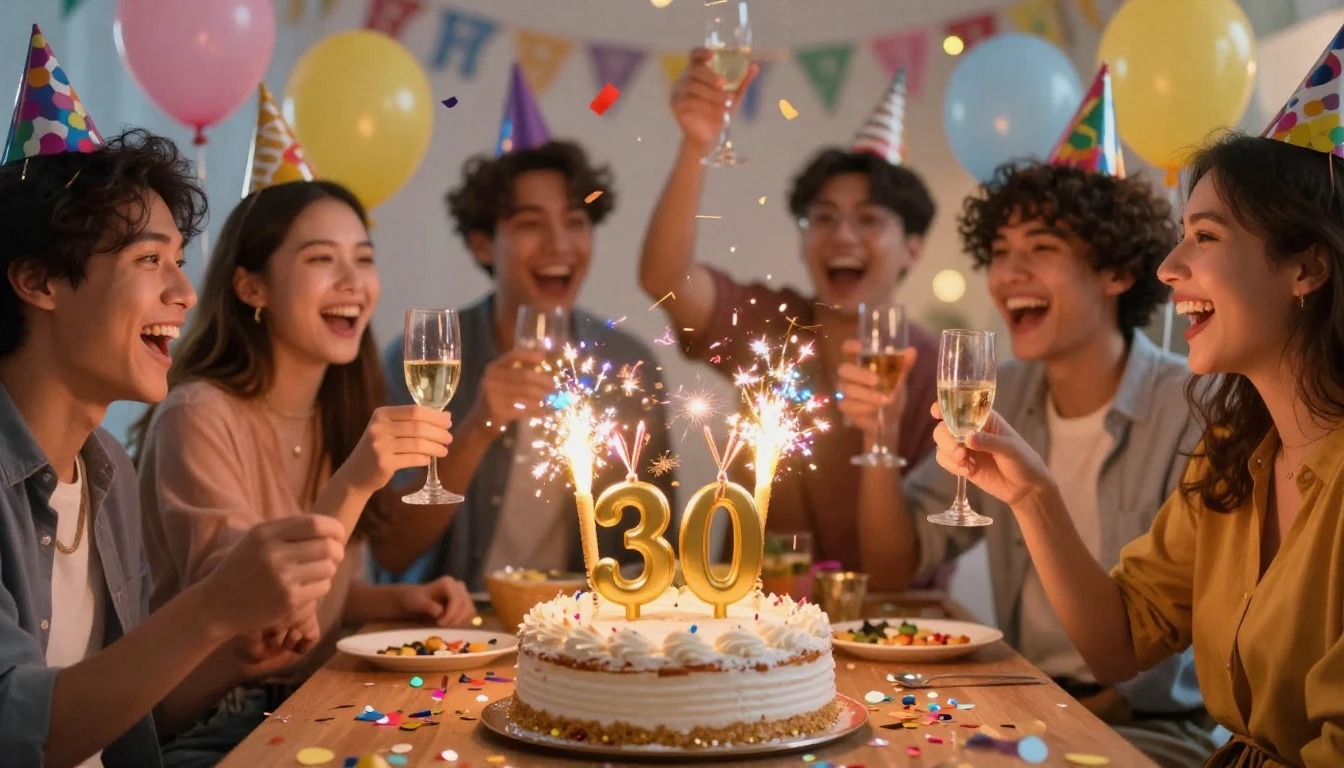 A vibrant and joyful birthday celebration scene. A delicious...