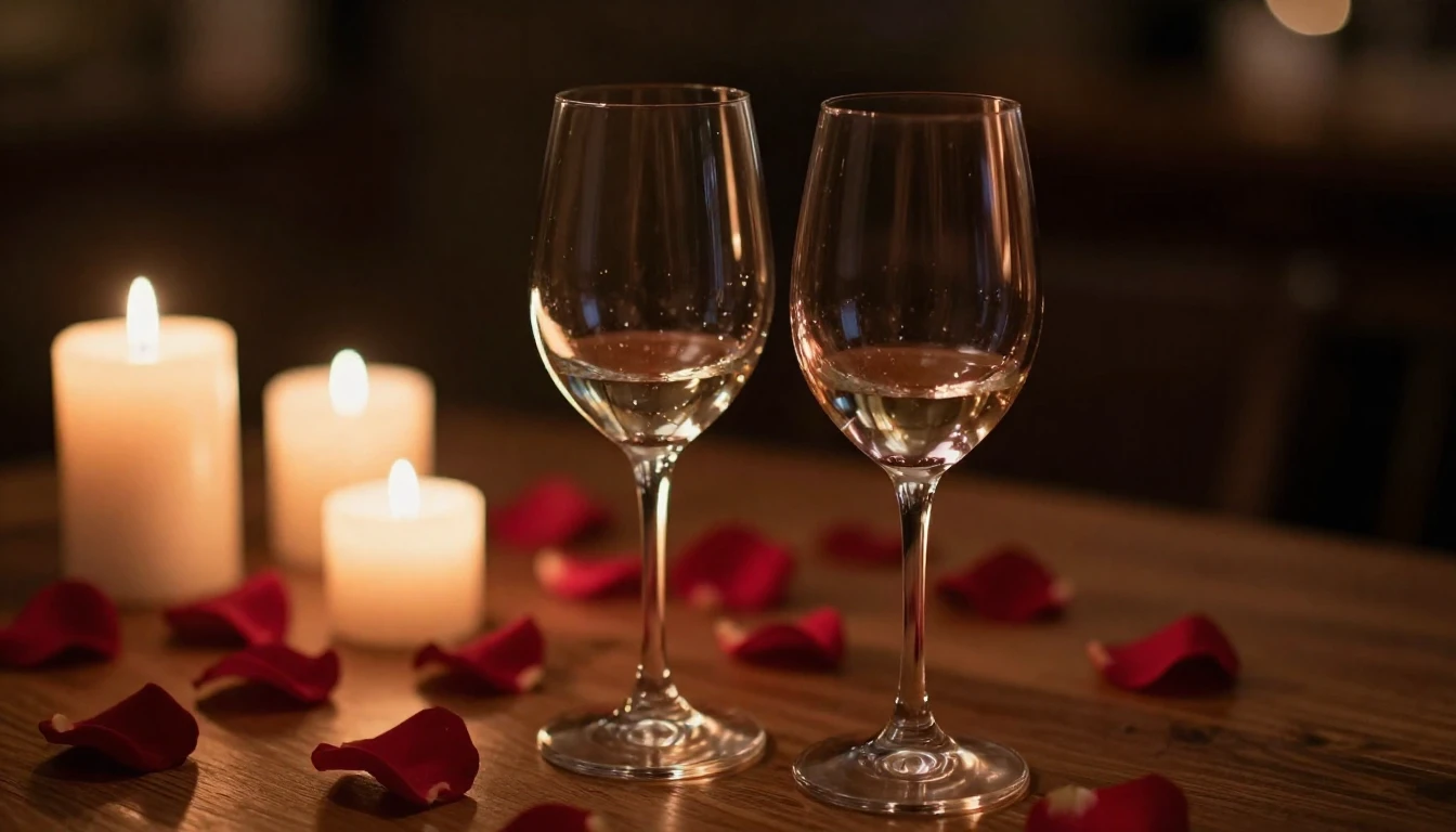 A cinematic close-up of two elegant wine glasses on a wooden...