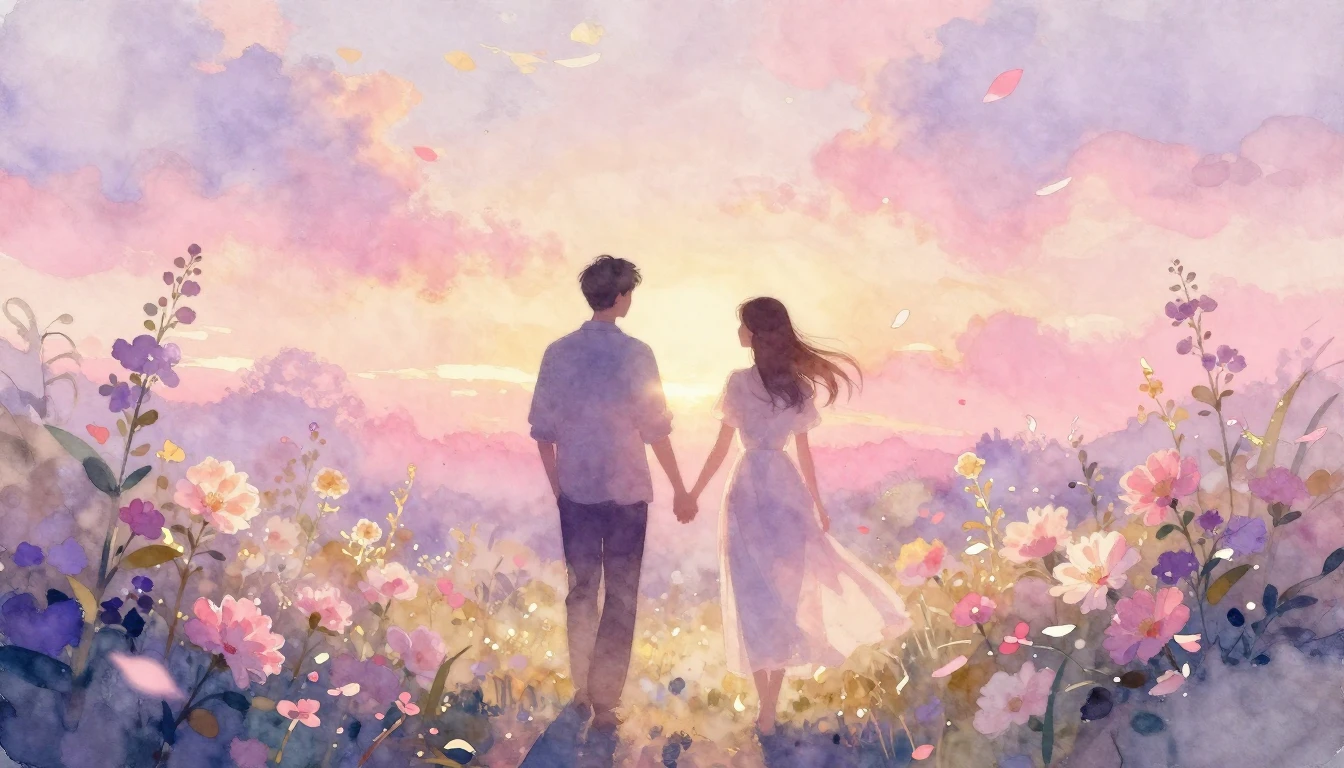 A dreamy and ethereal watercolor painting of two silhouettes...
