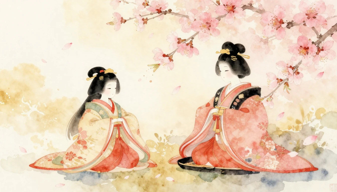 A delicate watercolor painting of traditional Japanese Hina ...