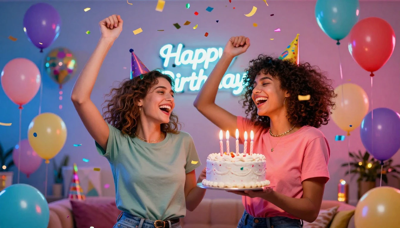 A vibrant and joyful party scene featuring two best friends ...