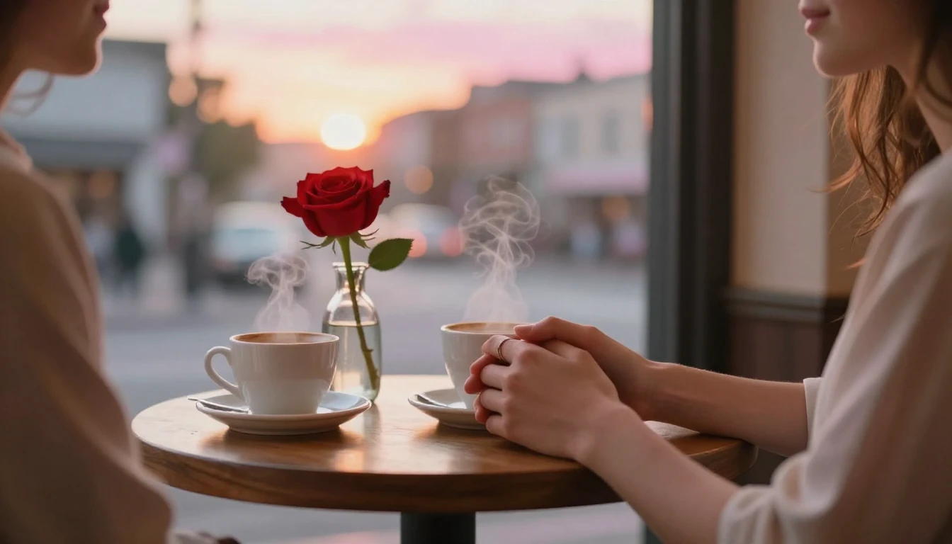 A romantic close-up scene of a couple holding hands over a s...