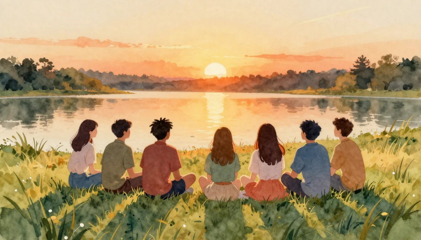 A beautiful watercolor painting depicting a group of diverse...