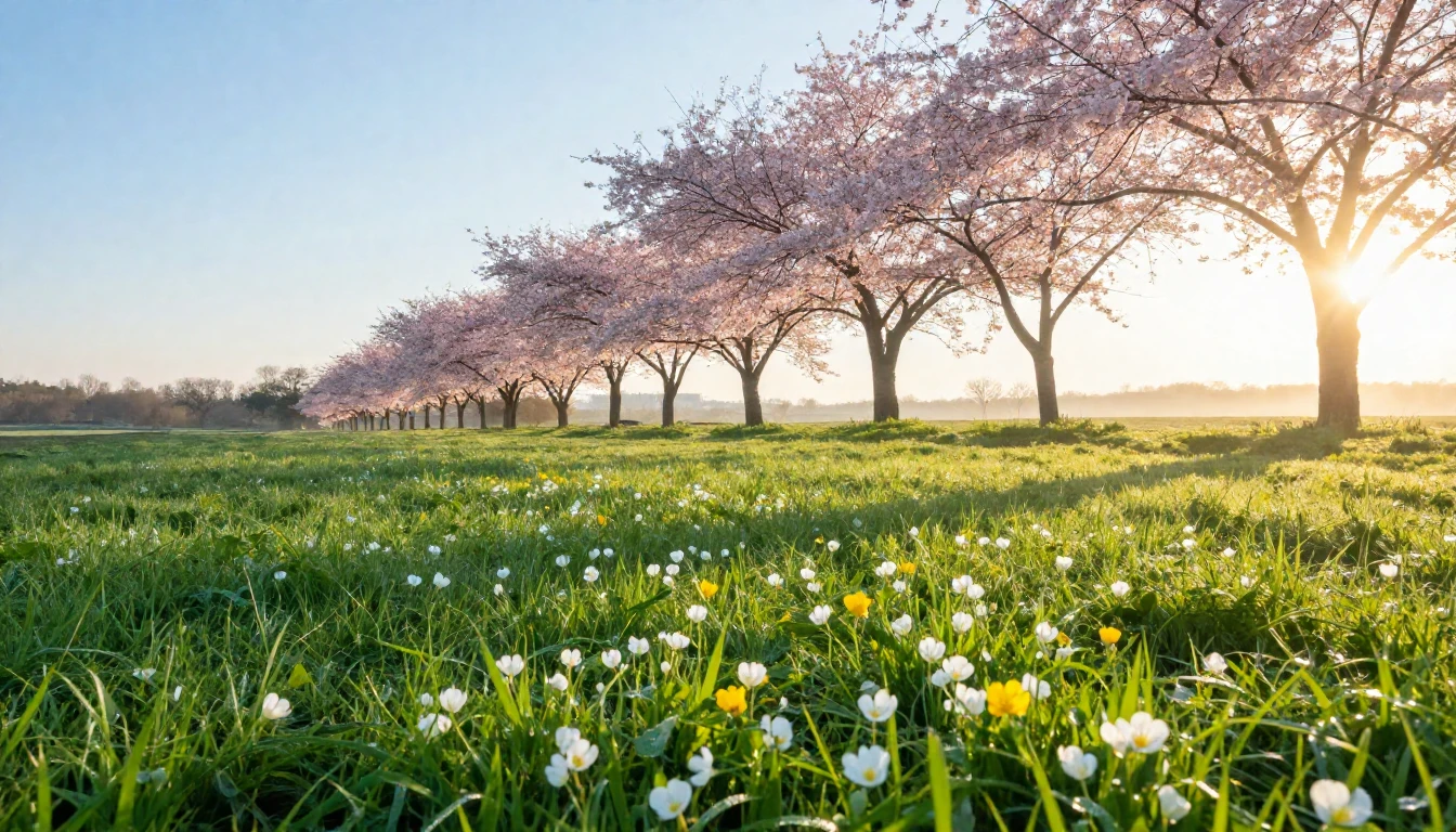 A lush green meadow at sunrise during early spring. Tiny whi...