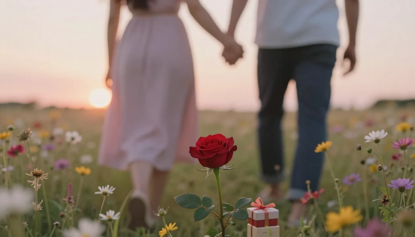 A romantic scene of a couple holding hands walking through a...