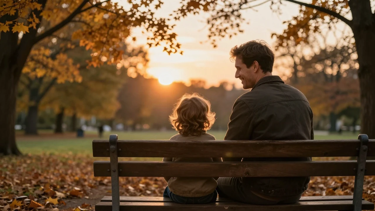 A warm and cinematic scene of a father and child sitting on ...