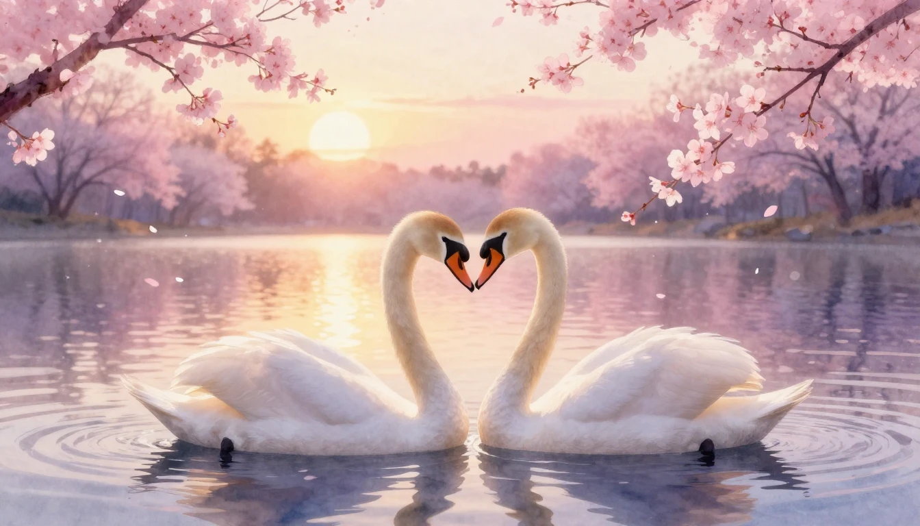 A dreamy watercolor painting of two elegant swans forming a ...