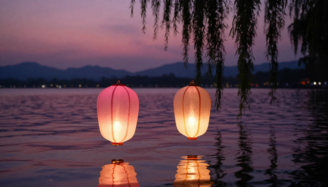 A beautiful and delicate scene featuring two glowing paper l...