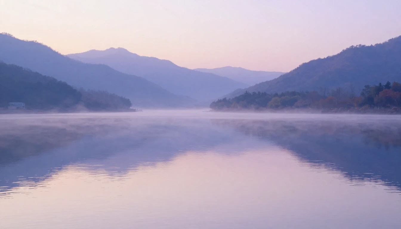 A tranquil landscape featuring a still mountain lake at dawn...