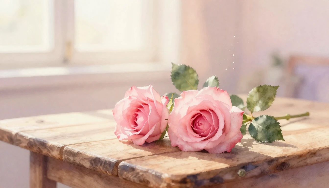 A soft and ethereal watercolor painting of two delicate pink...