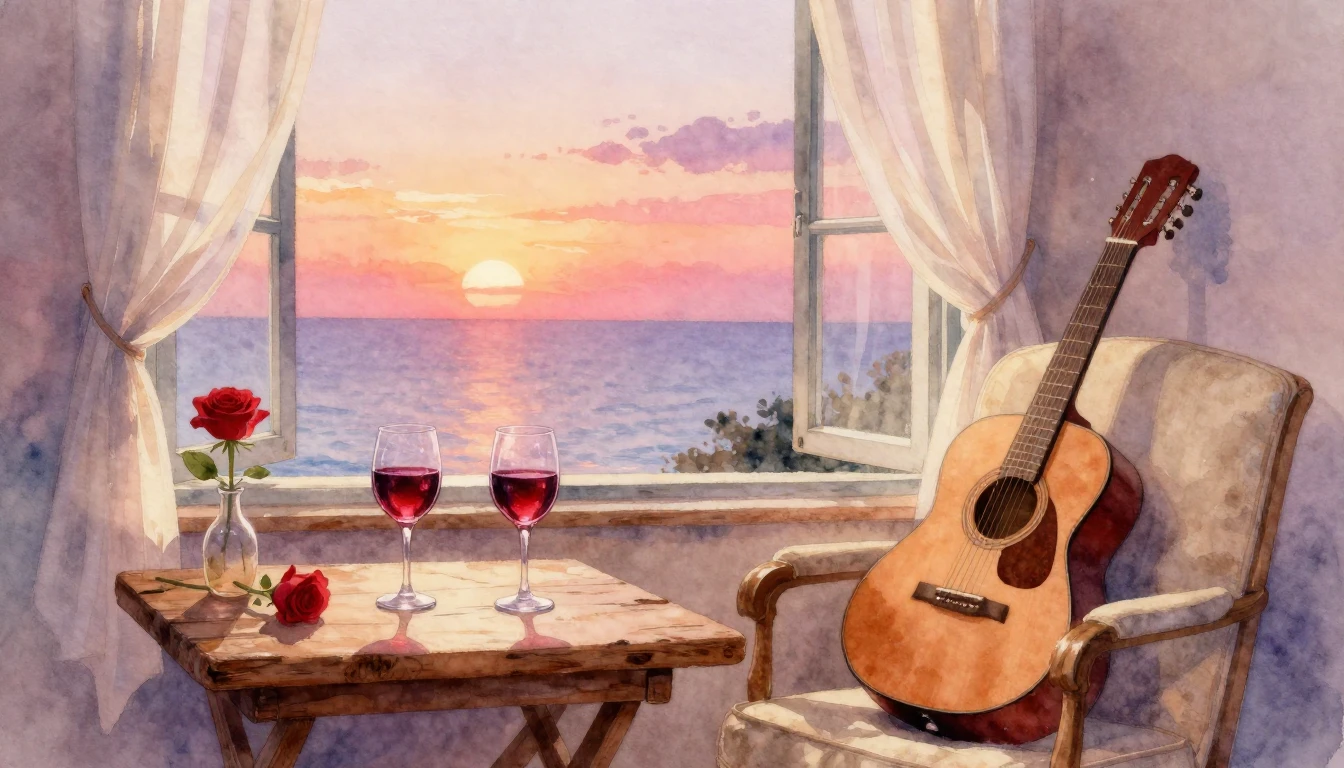 A soft and romantic watercolor painting depicting a cozy int...